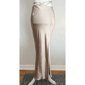 Nasty Gal Beige Satin Color Midi Slip Skirt Wrap Ties High Slit Cut Out Detail 4
